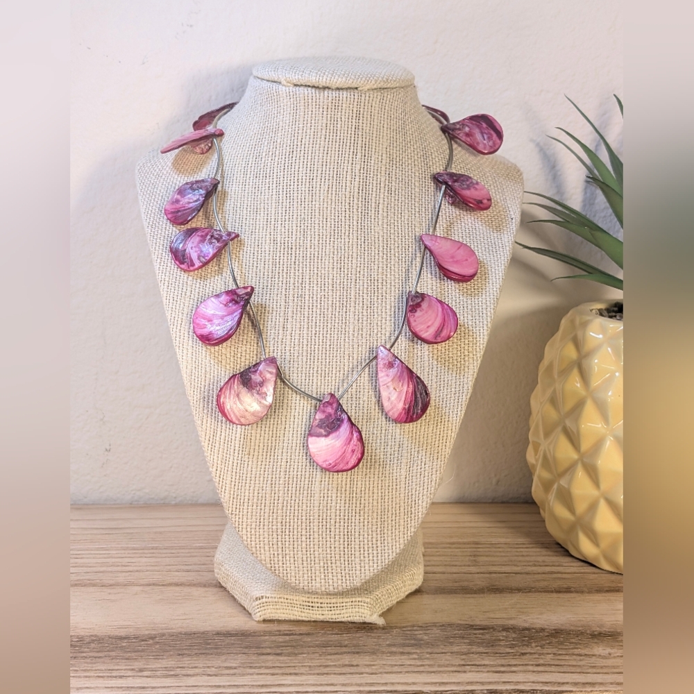 Statement Necklace Pink Shell Teardrops Natural S… - image 1